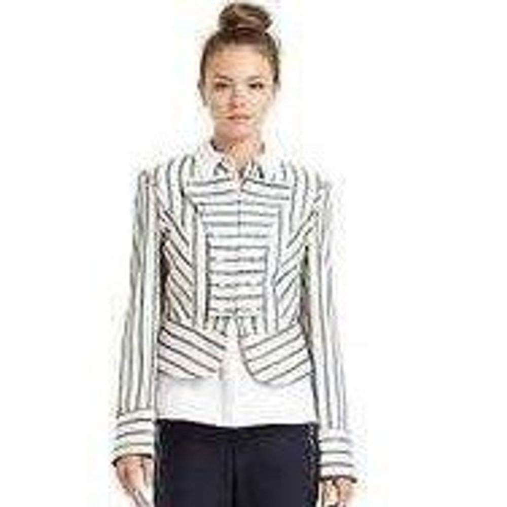 Veronica Beard Military Jacket Women S Blue Cream Striped Linen Blend Rare